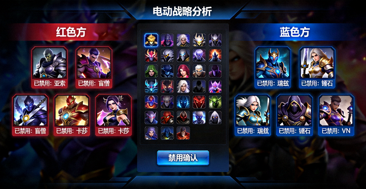 职业联赛 BP 禁选阶段战术分析界面